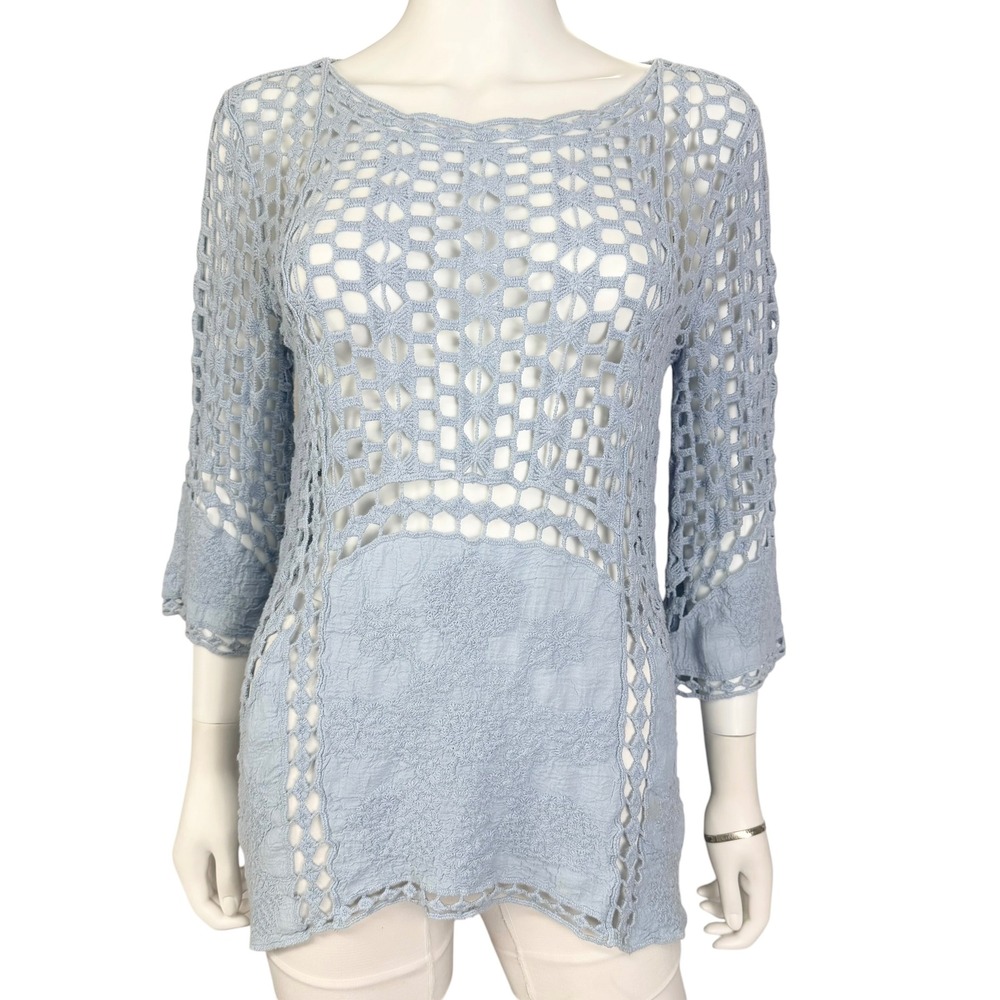 Boho Crochet Open Knit Top Cottagecore Flared Sleeves Festival  Beach Layering M